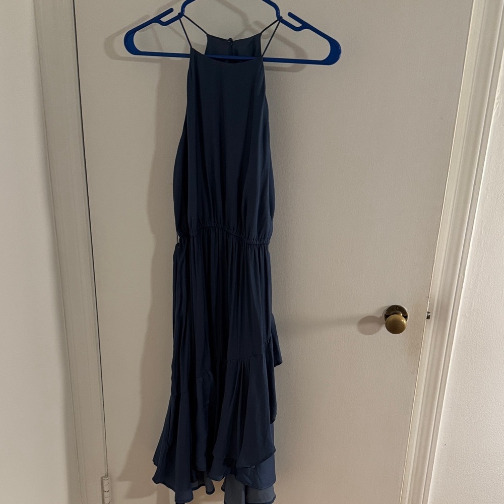 Loft Silky Blue Ruffle Dress with Waist Tie